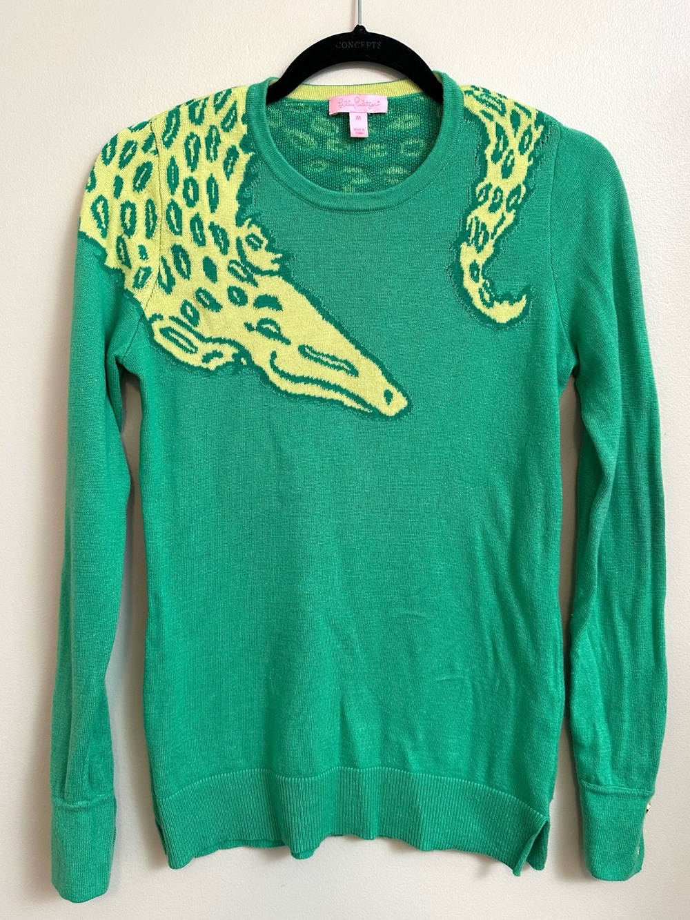 Lilly Pulitzer Charter Sweater Womens Medium Green Gator Intarsia Wool Blend